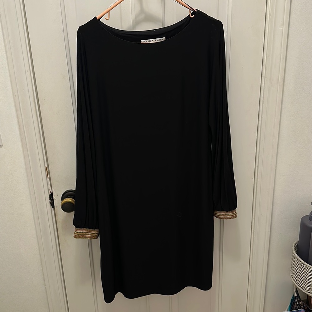 GORGEOUS black soft Trina Turk dress with embellished cuffs. Size medium. NWT.